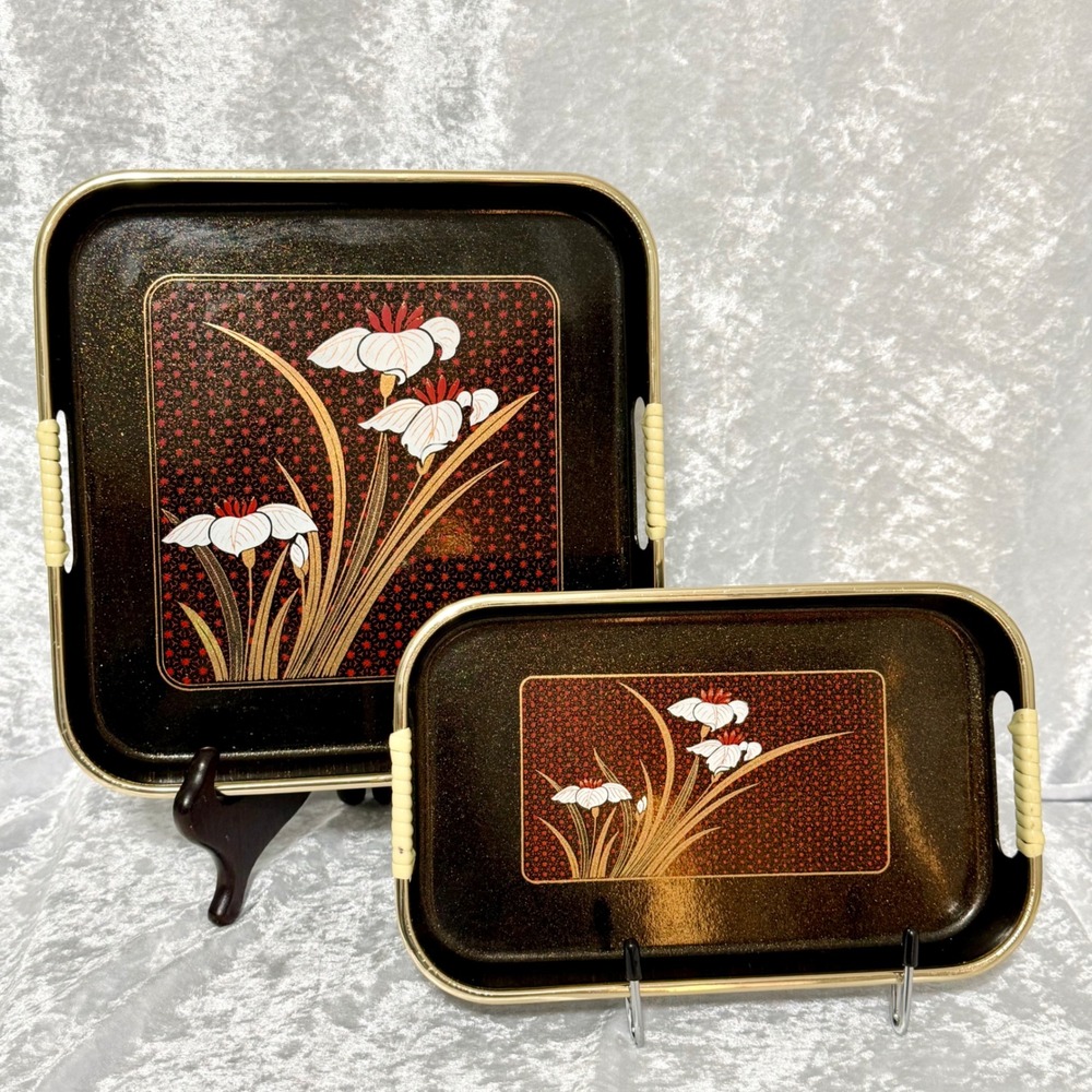 Vintage Japanese Lacquerware Serving Tray‎ Set Iris Floral Gold Rim Black 2pc